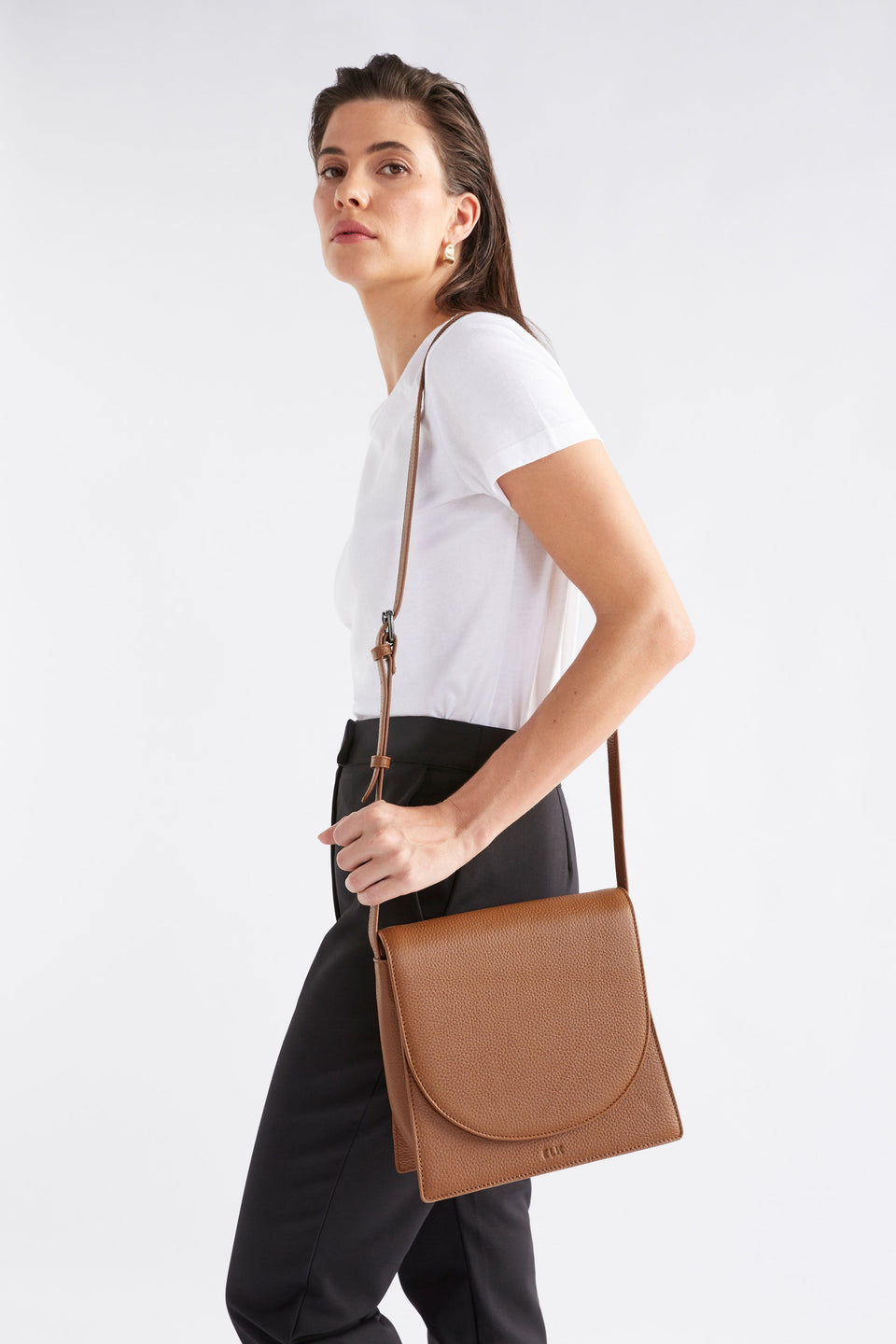 Sejer Structured Leather Crossbody Bag with Flap Closure Front Model | TAN