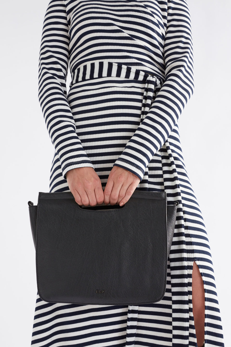 Halor Woven Strap Leather Handbag Front Model 2 | BLACK