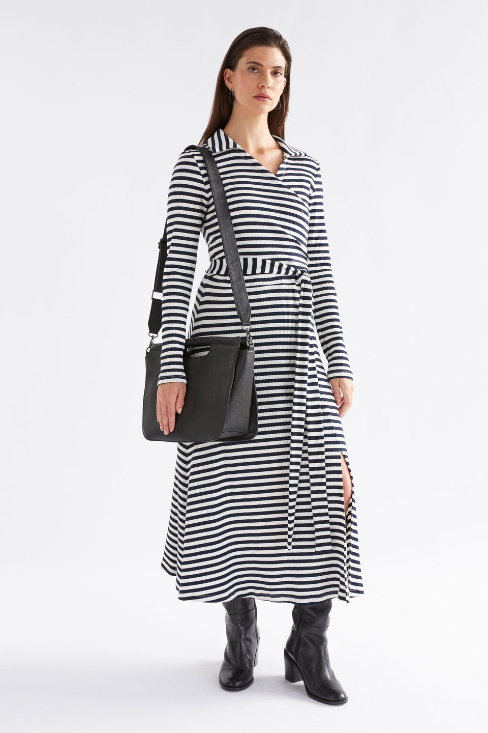 Halor Woven Strap Leather Handbag Front Model 2 | BLACK