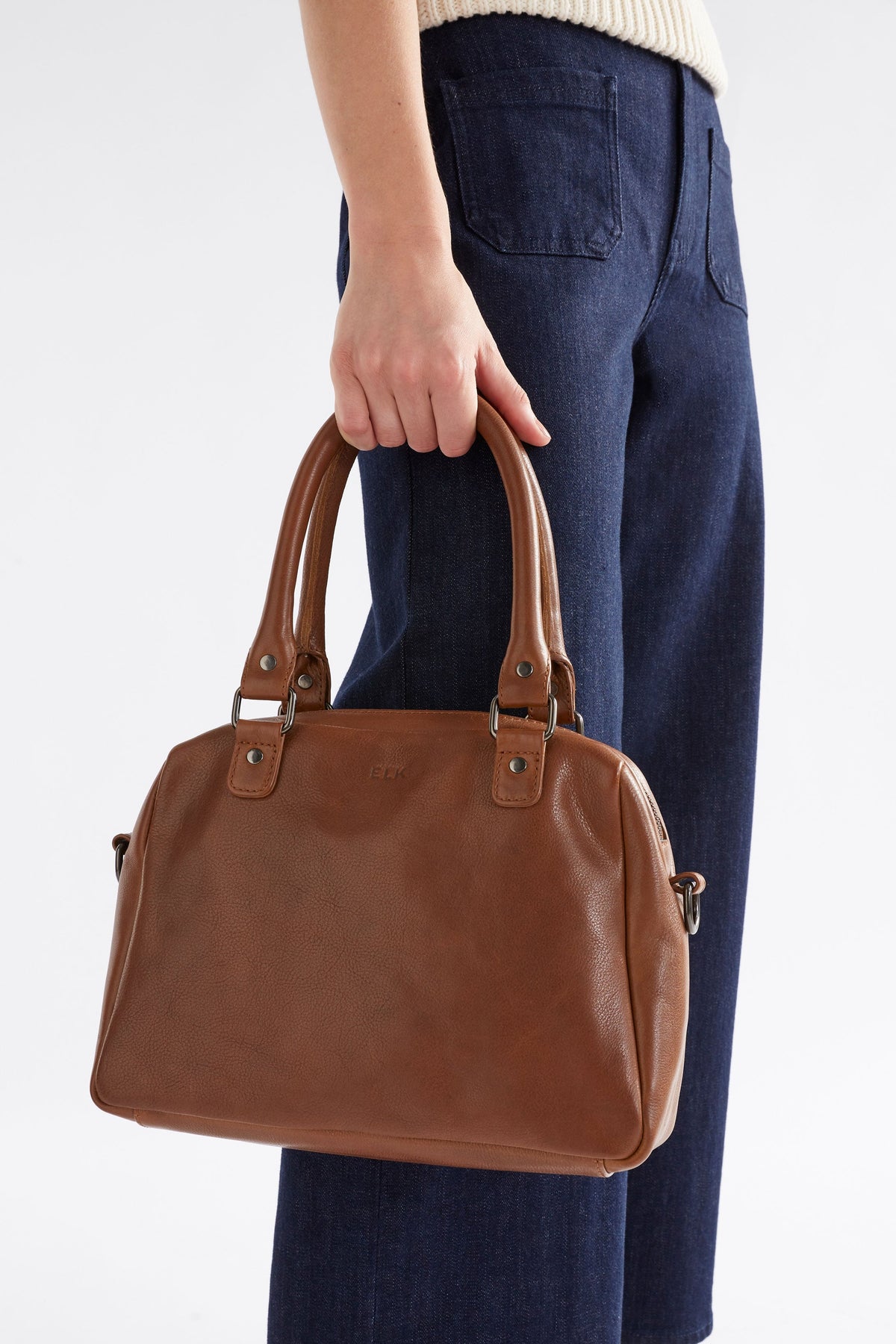 Arta Leather Bowler Inspired Crossbody Bag Model zoom | TAN