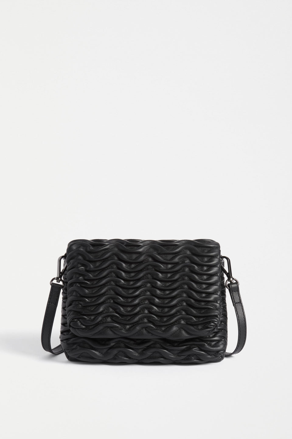 Plissi Smocked Textured Leather Clutch Crossbody Bag Front | BLACK