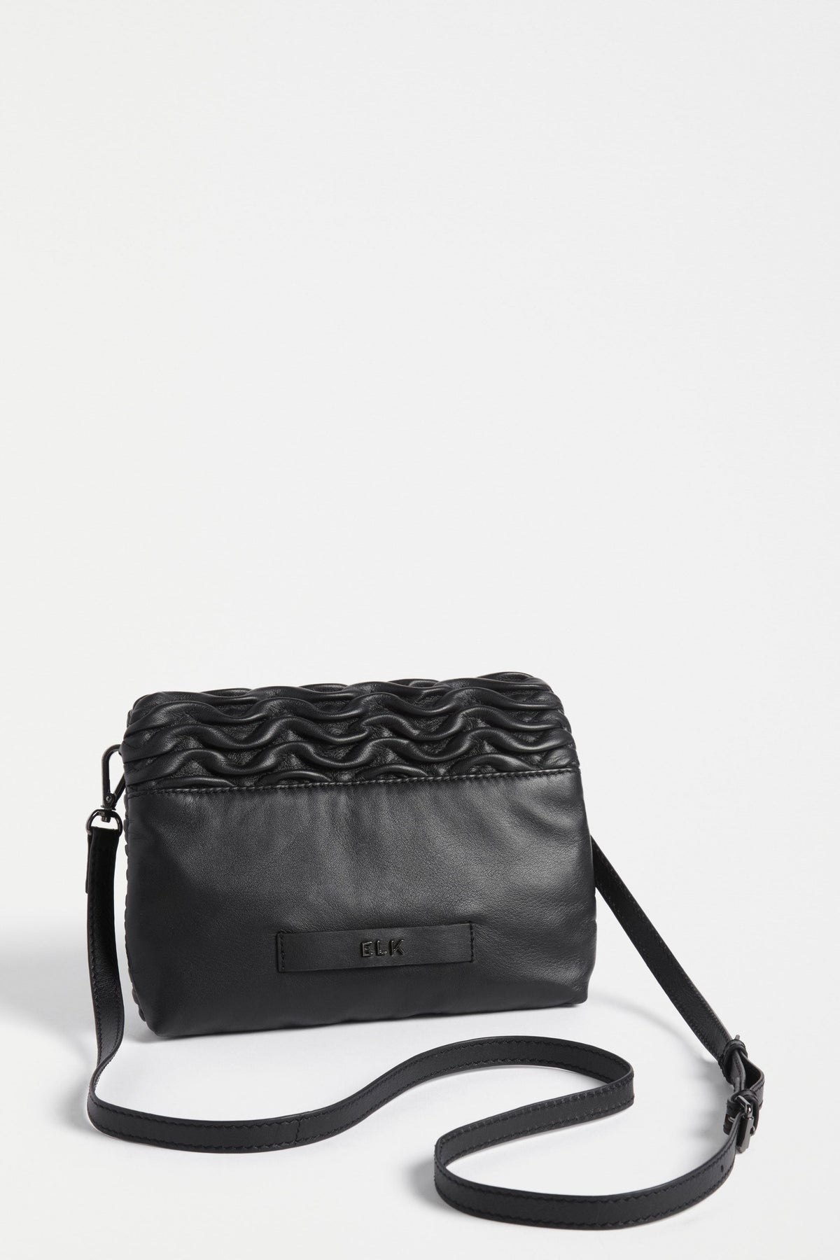 Plissi Smocked Textured Leather Clutch Crossbody Bag Back | BLACK