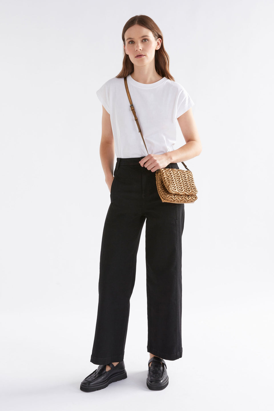 Plissi Smocked Textured Leather Clutch Crossbody Bag Front model full Body | BRONZE