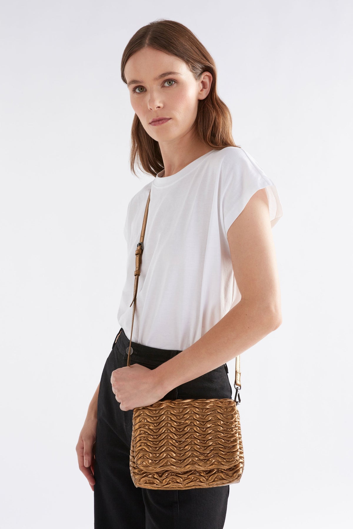 Plissi Smocked Textured Leather Clutch Crossbody Bag Front model mid | GUNMETAL