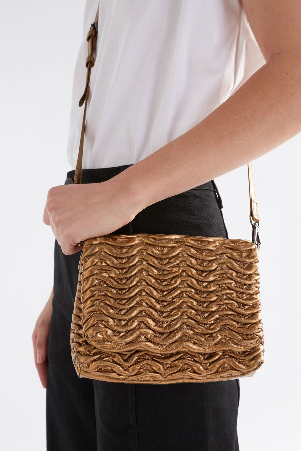 Plissi Smocked Textured Leather Clutch Crossbody Bag Front model zoom | BRONZE