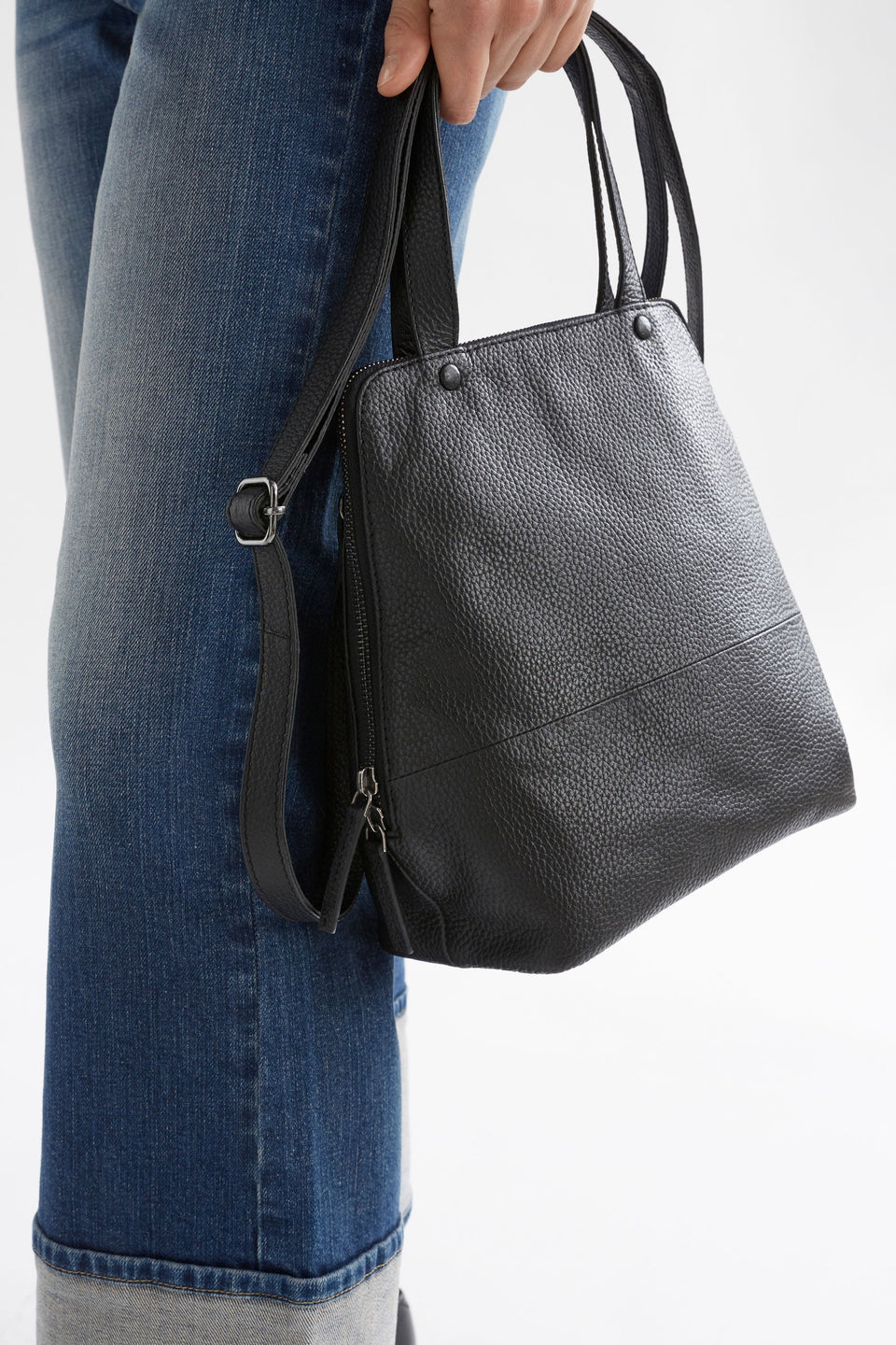 Arien Zip-Up Leather Mini Tote Bag Front Detail | BLACK