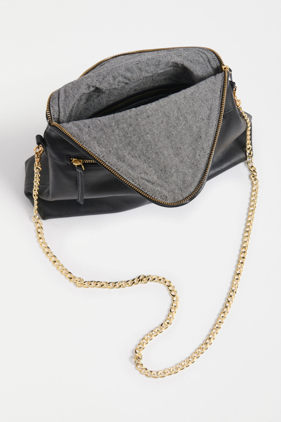 Dreii Crossbody Flat Lay inside view with gold strap detail | BLACK