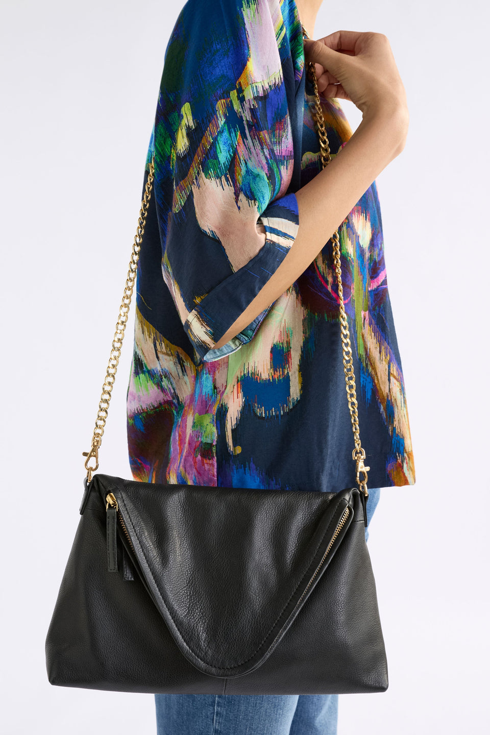 Dreii Crossbody on model styled with print shirt and denim | BLACK