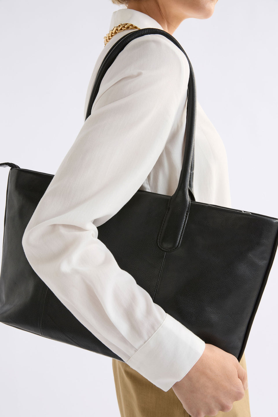 Joha Tote on model with strap detail | BLACK
