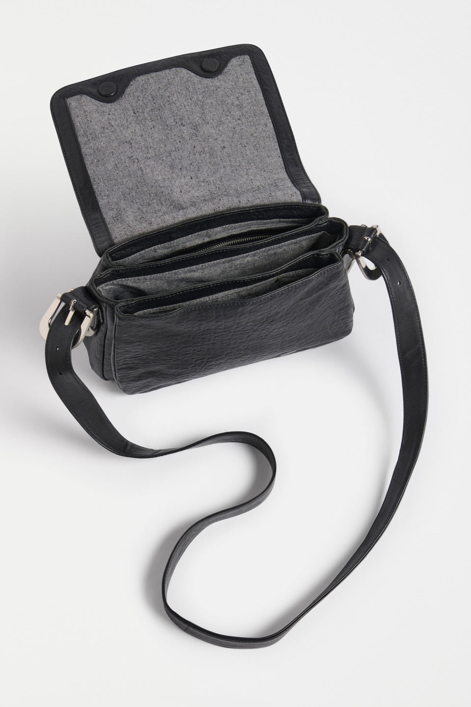 Spenne Crossbody Bag Flat Lay with inside pocket detail | BLACK