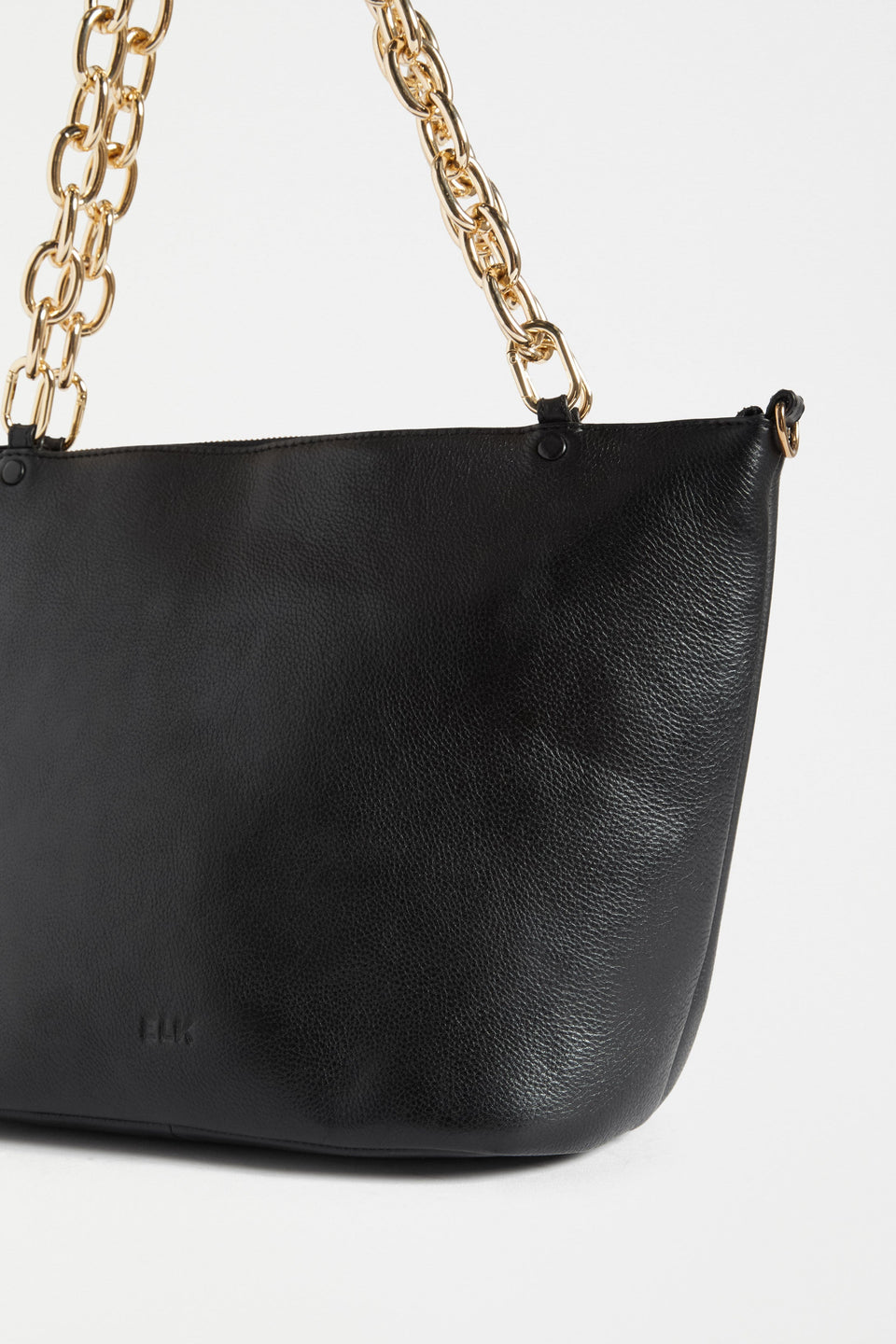 Lenkka Bag Flat Lay Close Up detail of fabric and gold strap | BLACK