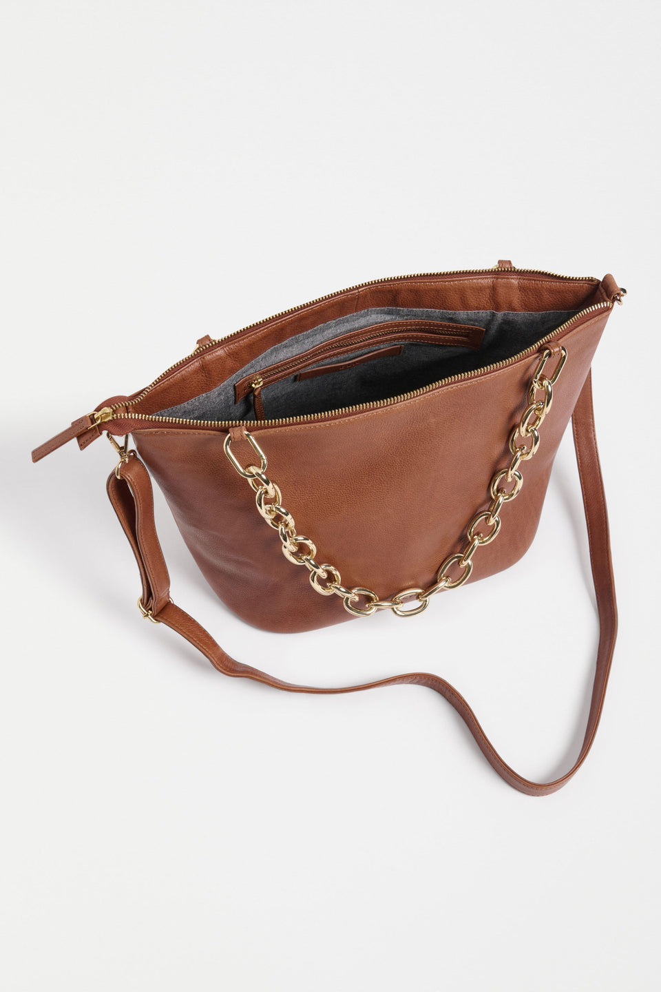 Lenkka Bag Flat Lay inside view of bag and strap detail | TAN