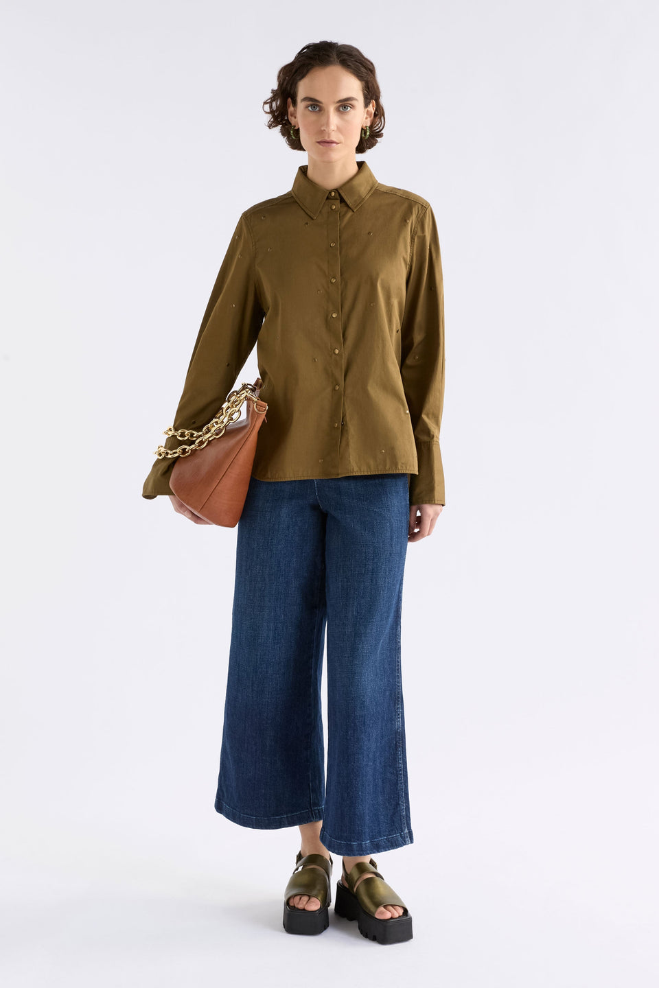 Lenkka Bag on model full length styled with shirt and denim | TAN