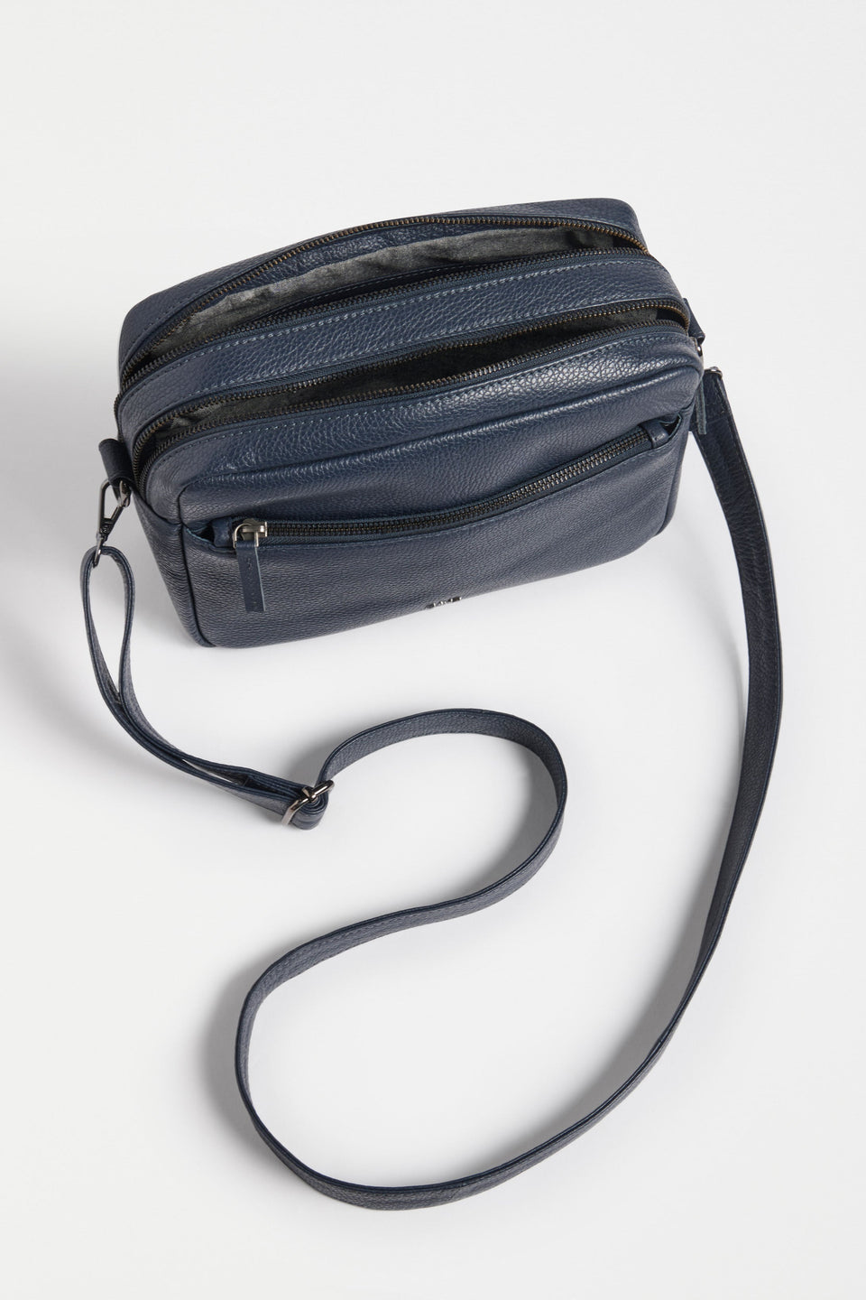 Olvi Crossbody Bag Flat Lay inside pockets and strap | NAVY