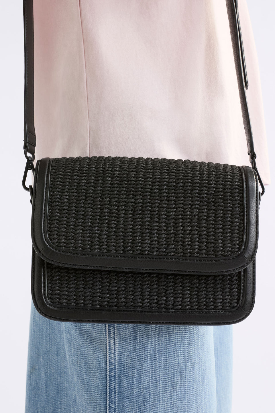 Ralffa Crossbody on model close up fabric detail | BLACK