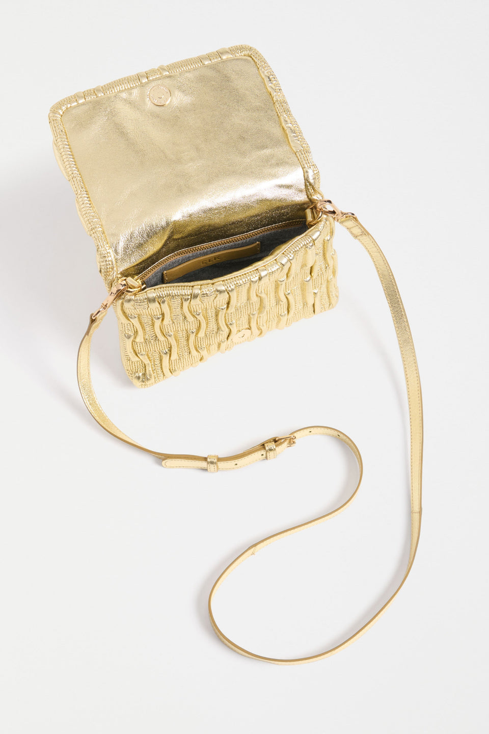 Liska Crossbody Bag Flat Lay inside view with pockets and strap | GOLD
