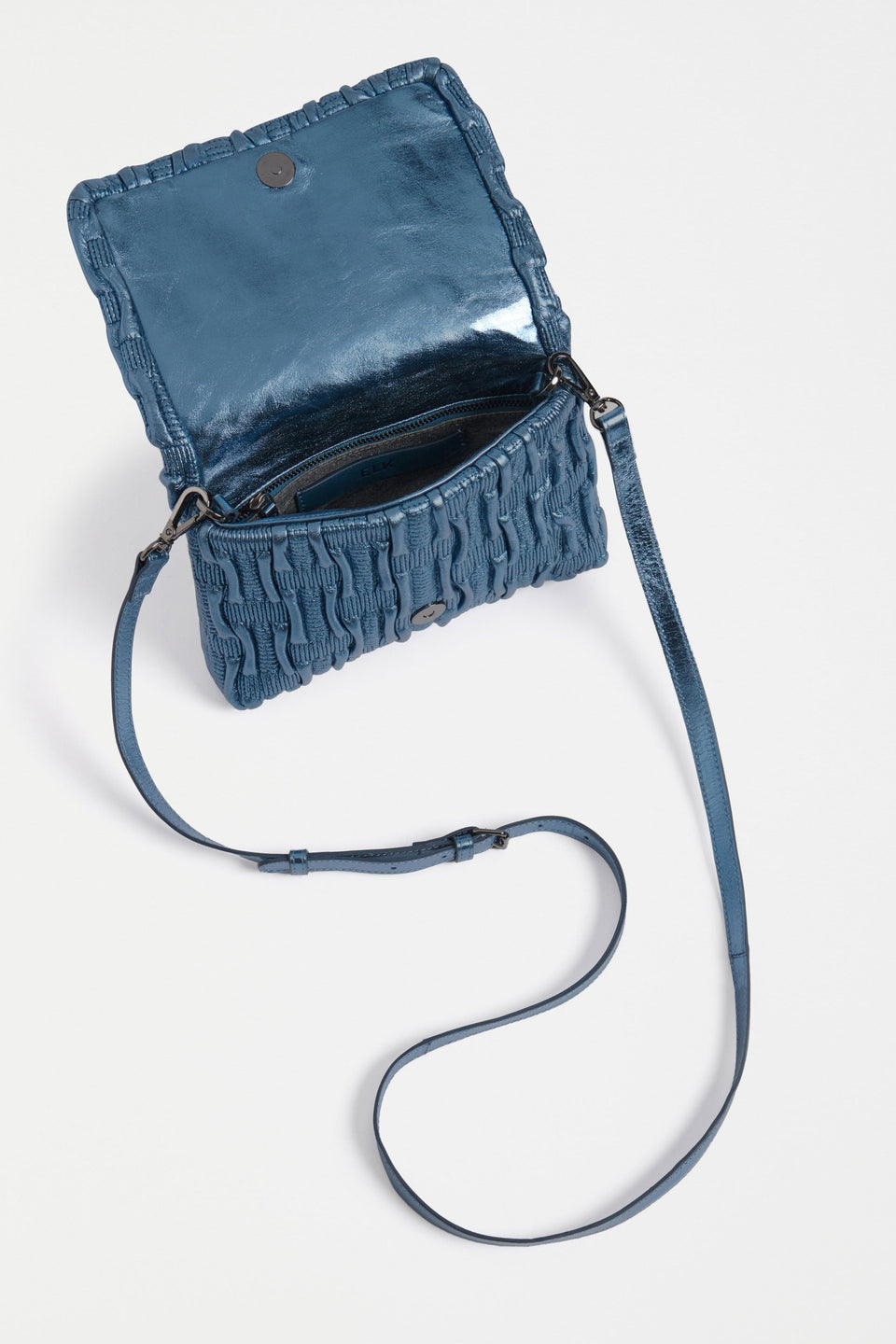 Liska Crossbody Bag Flat Lay inside view of pockets and strap | NAVY