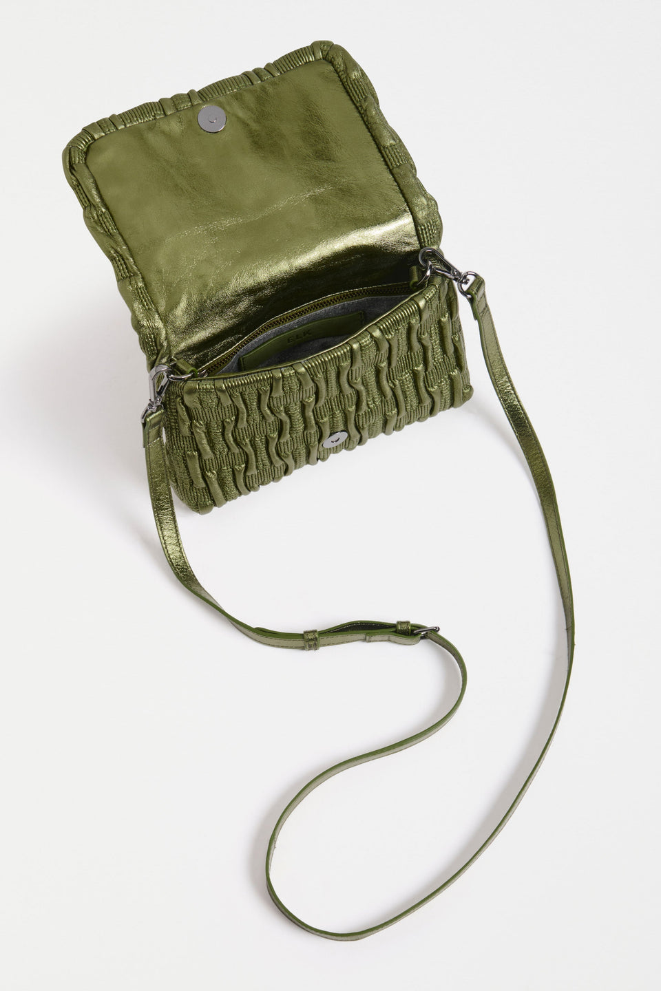 Liska Crossbody Bag Flat Lay with open bag showing pockets | OLIVE