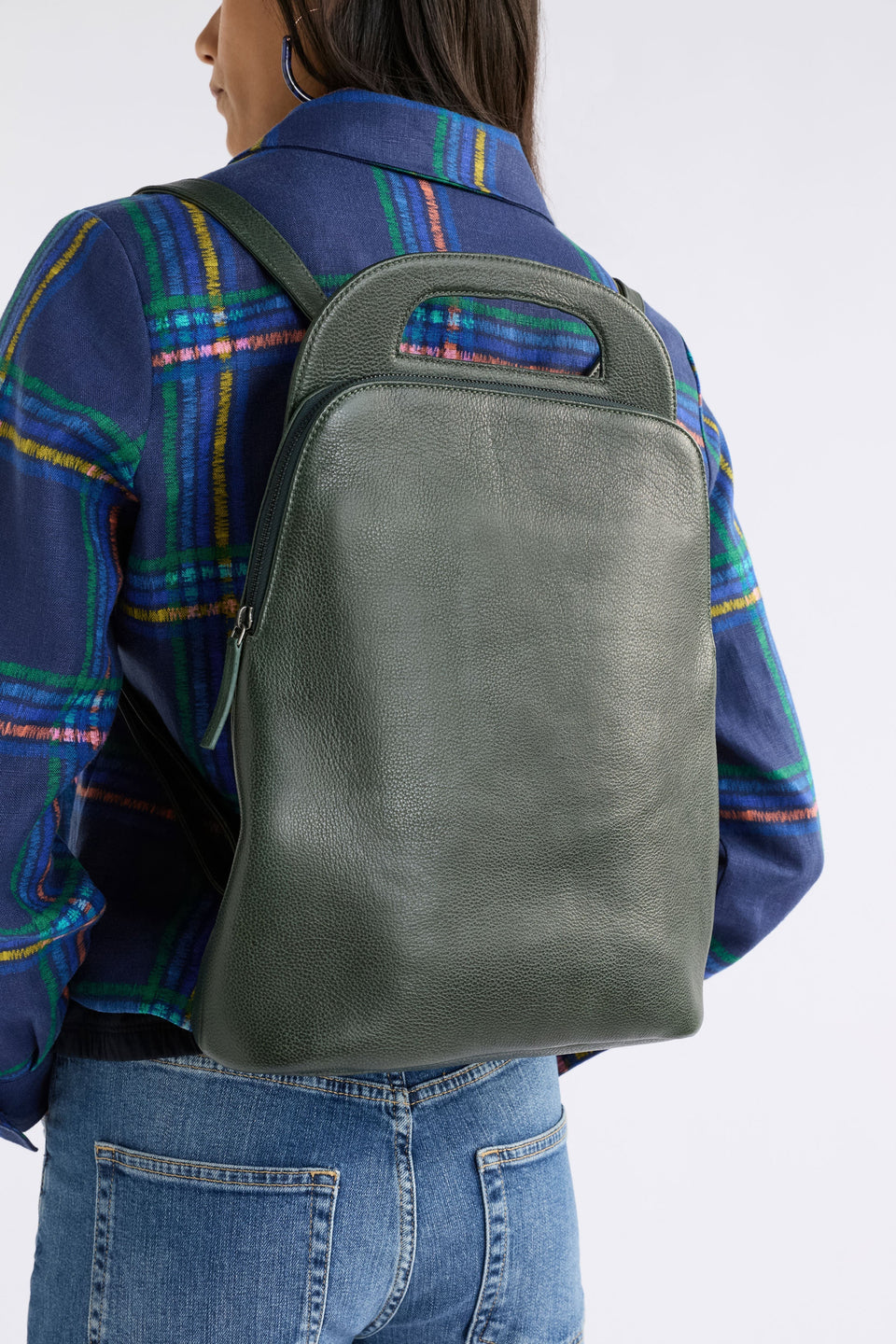 Forde Soft Cow Leather Backpack on model | FOREST GREEN