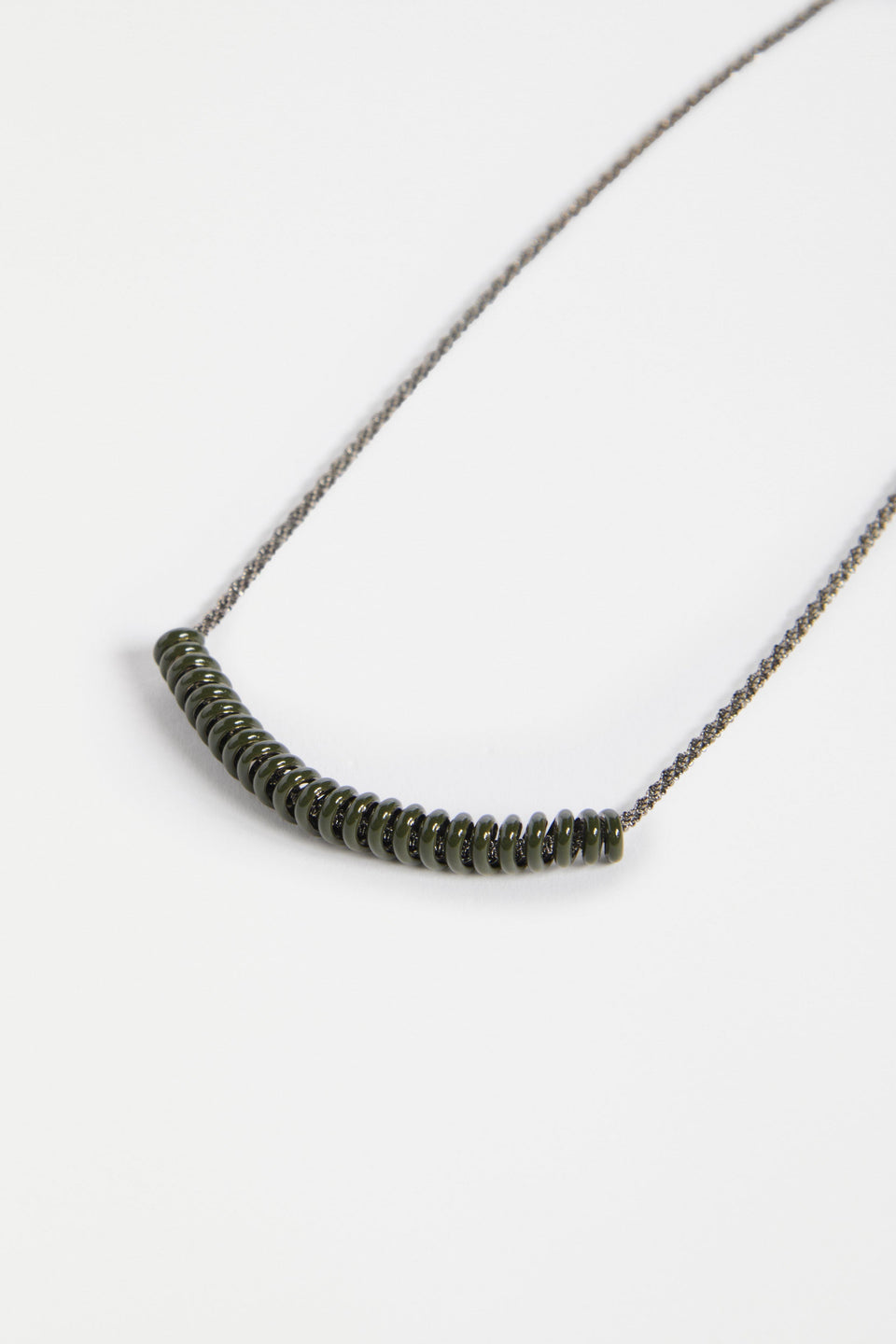 Vrid Fine Chain and Coloured Coil Pendant Necklace detail | DARK OLIVE