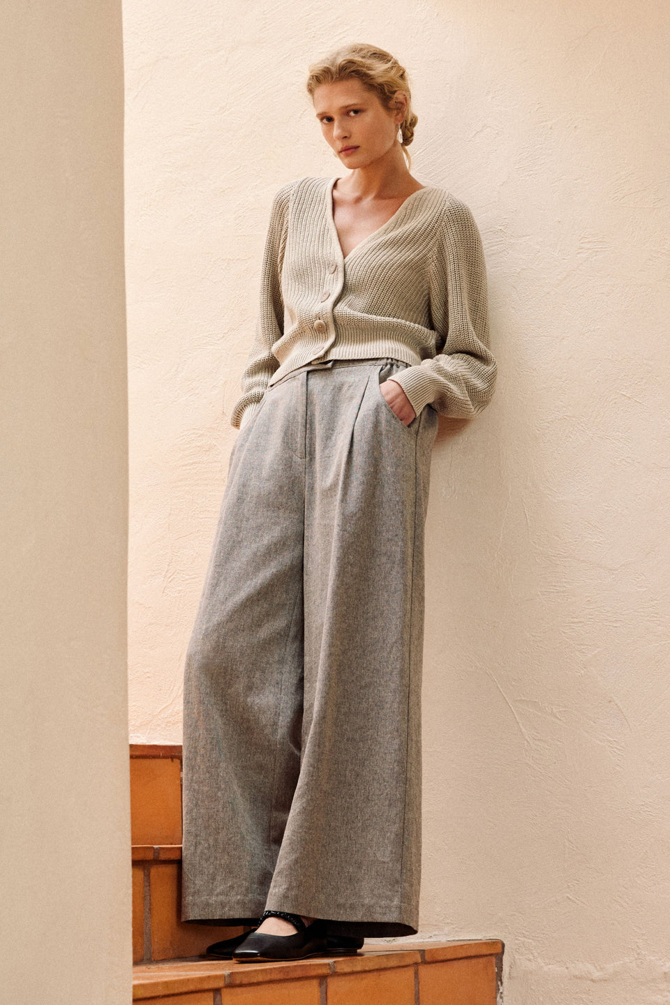 Saari Cardigan on Campaign Model Full Length styled with Citte Pant | ECRU