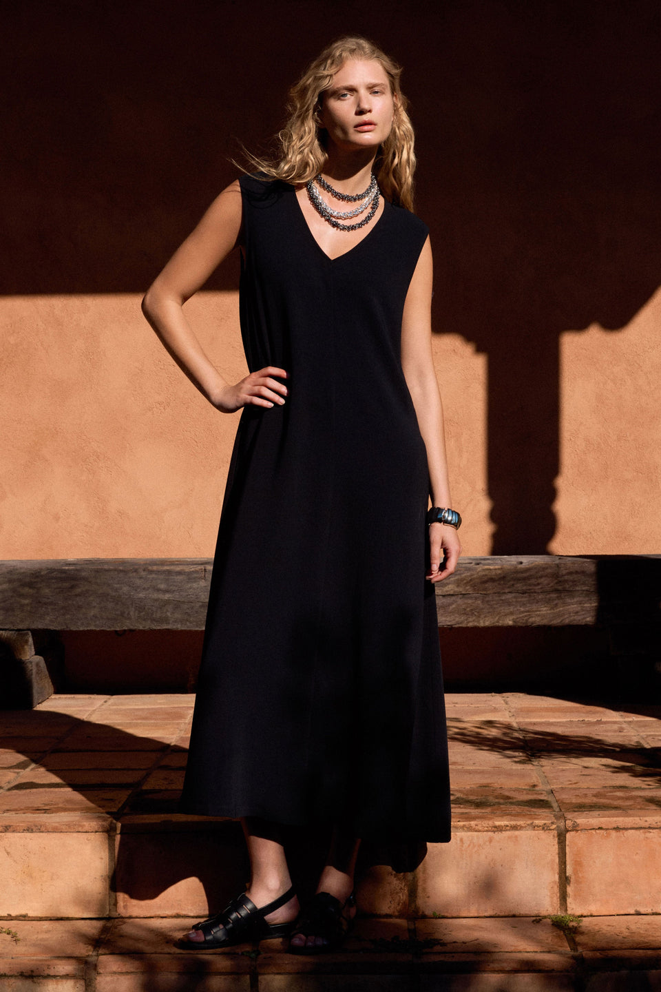 Miki Sleeveless V-neck A-line Long Midi Event Dress Campaign Model Front | BLACK