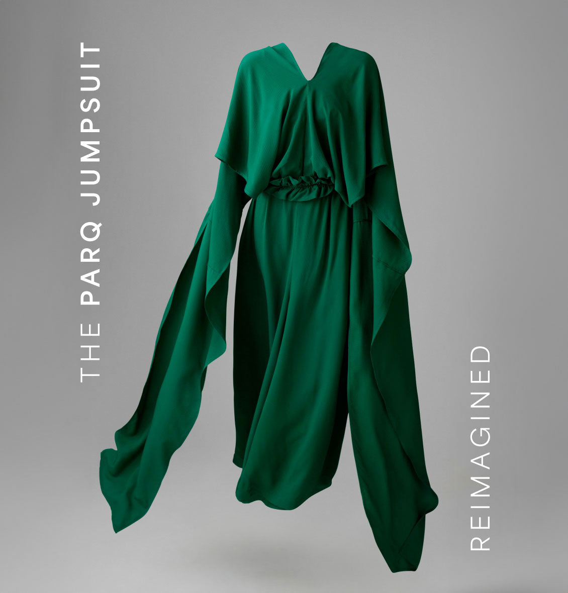 Reimagined Parq Jumpsuit in vibrant green with flowing sleeves and cinched waist, blending elegance and modern design