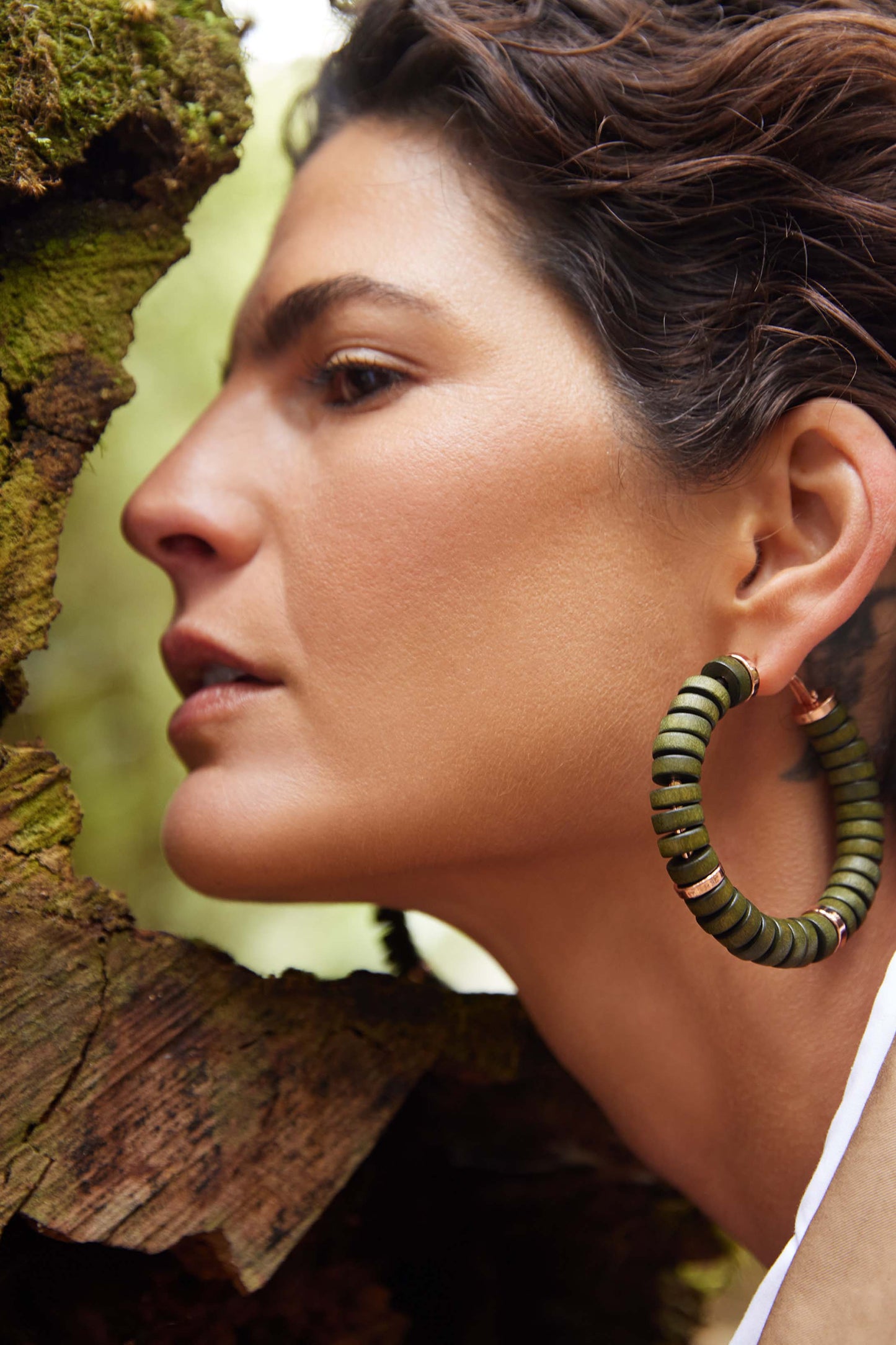 Nima Wooden Disc Hoop Earring Model Campaign | DARK OLIVE