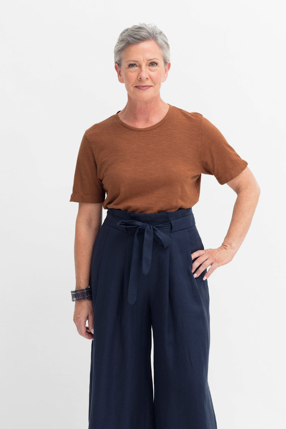 Jaana Organic Cotton and Hemp Jersey Crew Neck Tshirt Model Front Tucked | BRONZE BROWN