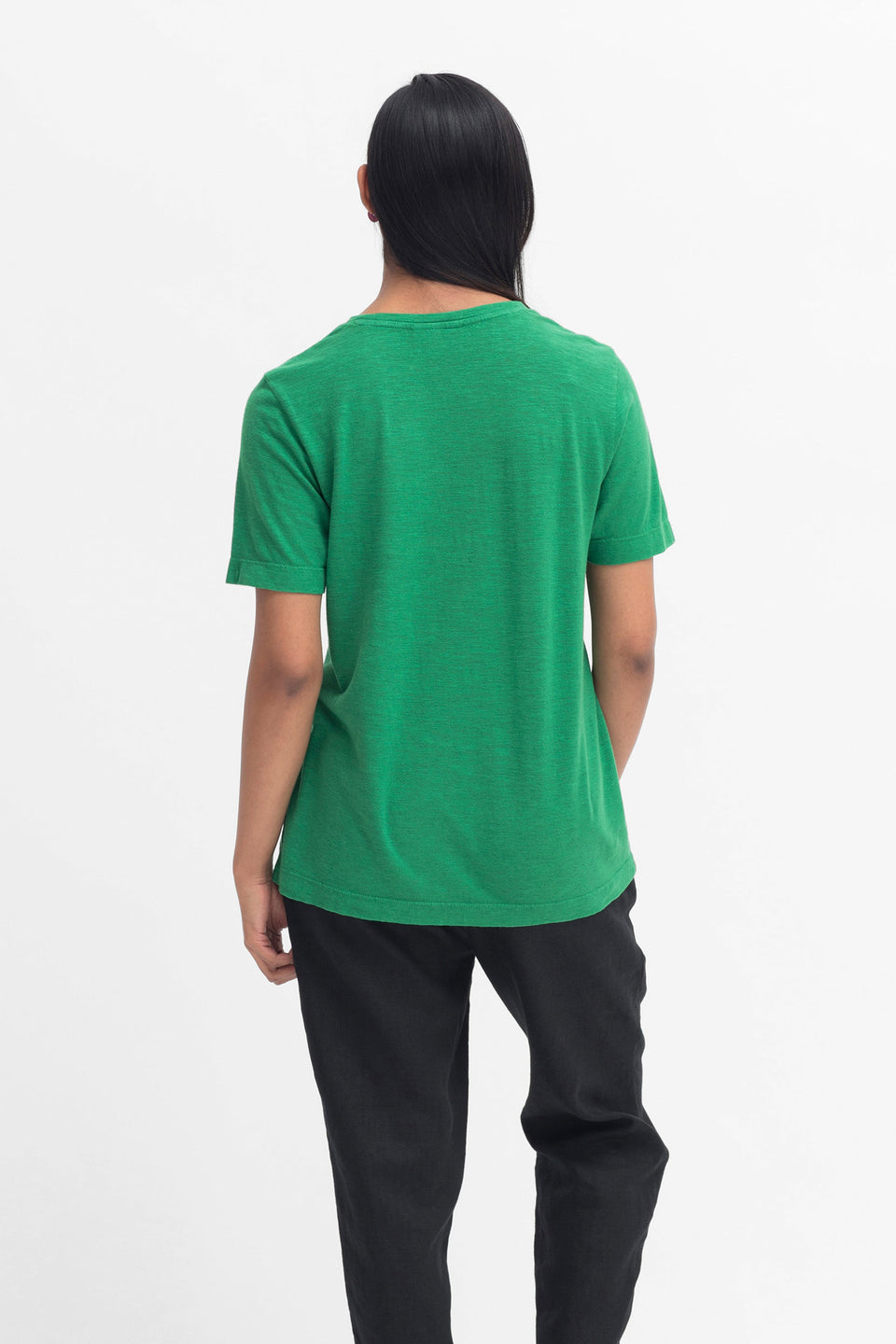 Jaana Organic Cotton and Hemp Jersey Crew Neck Tshirt Model Back | CEDAR GREEN