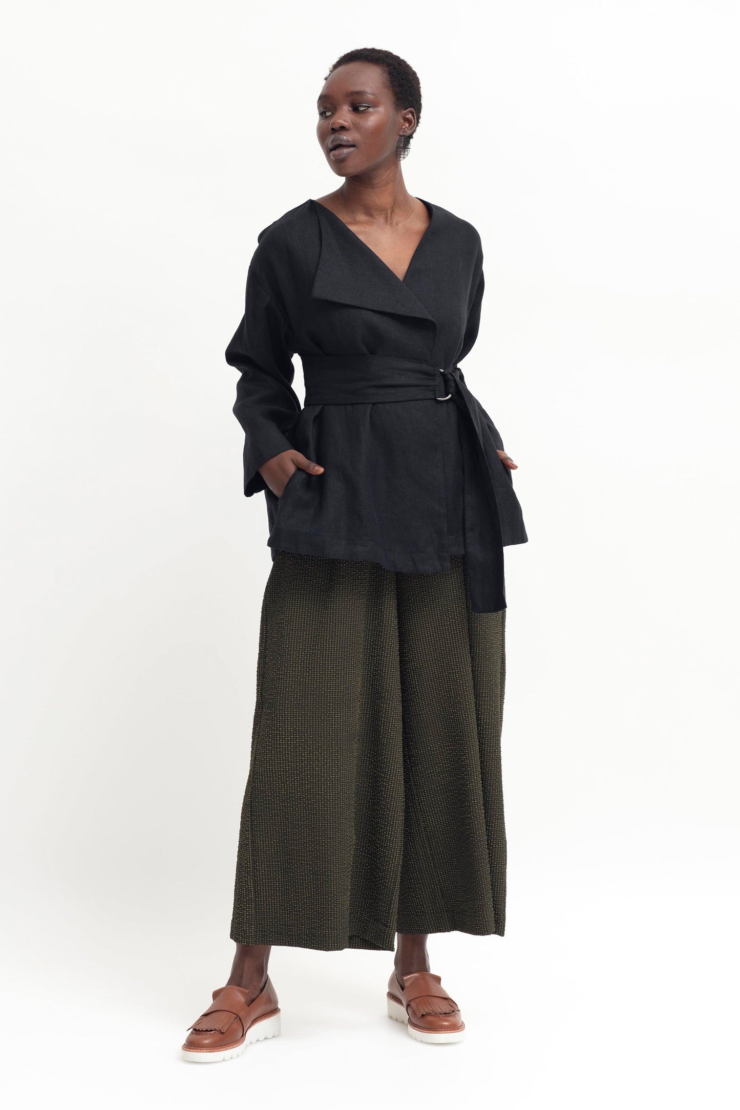 Ativ Linen Jacket with Contrasting Waist Belt front full Body | BLACK
