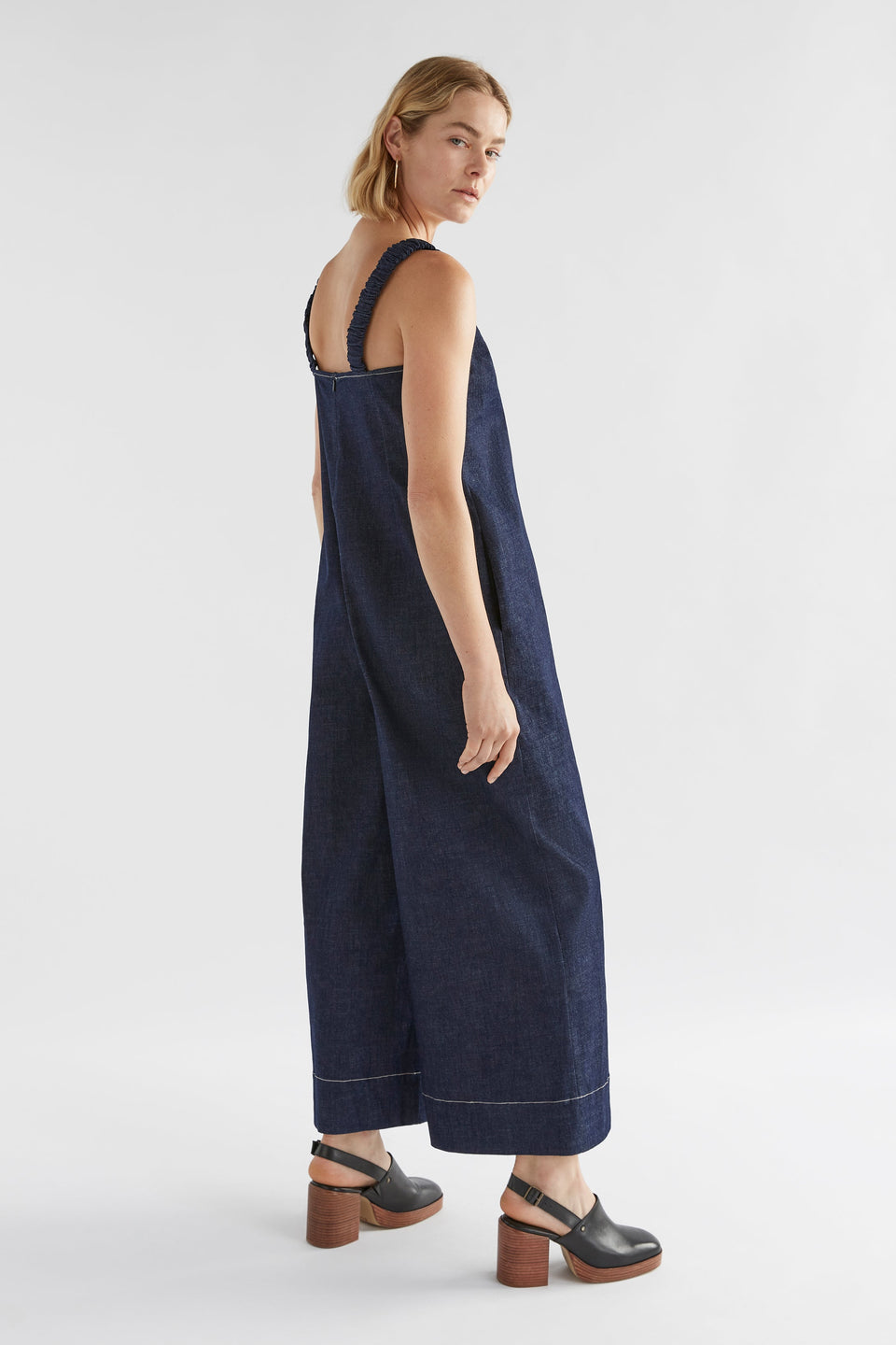 Yens Wide Leg Sleeveless Denim Jumpsuit Model Back | DENIM
