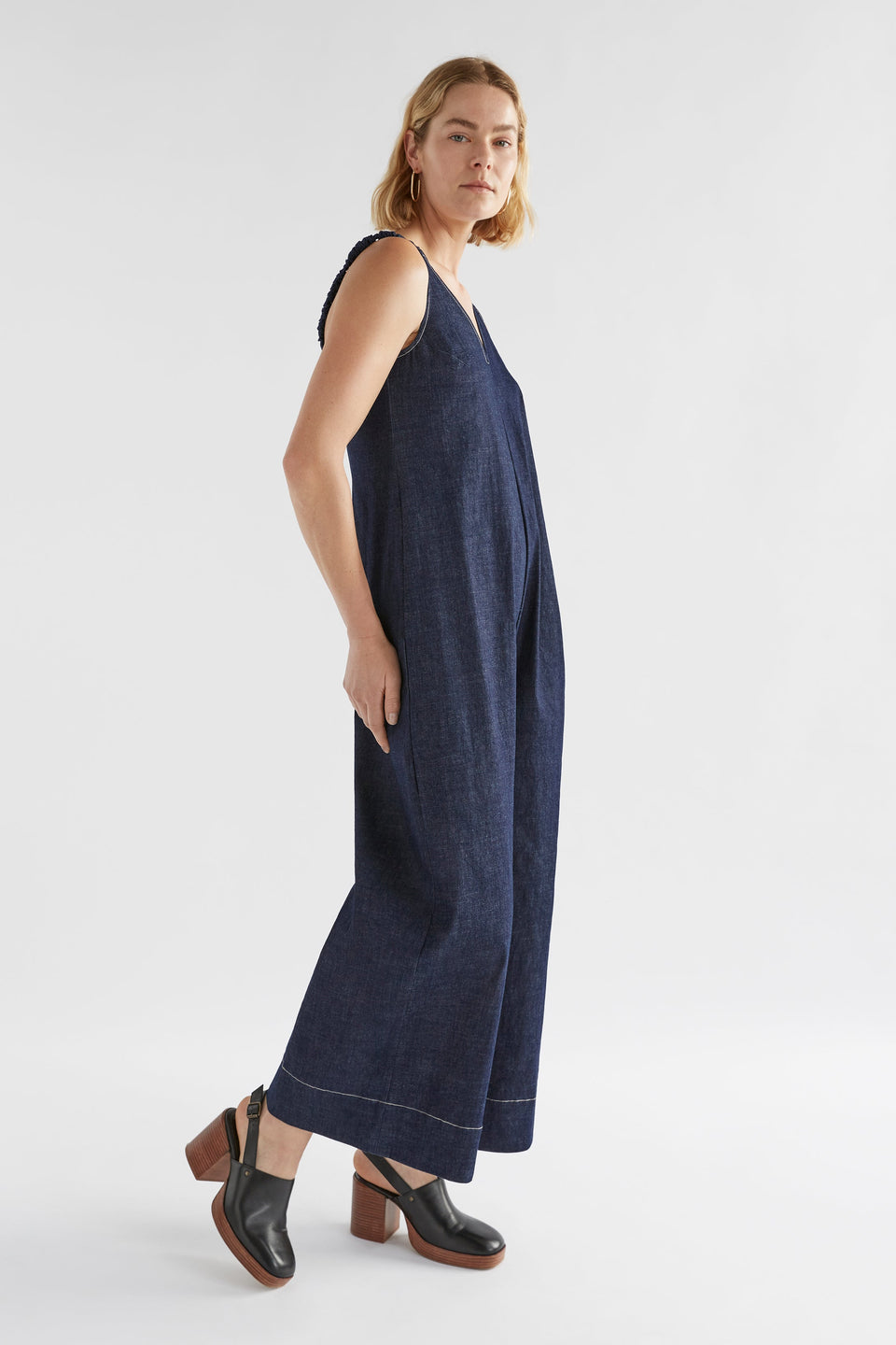 Yens Wide Leg Sleeveless Denim Jumpsuit Model Side | DENIM