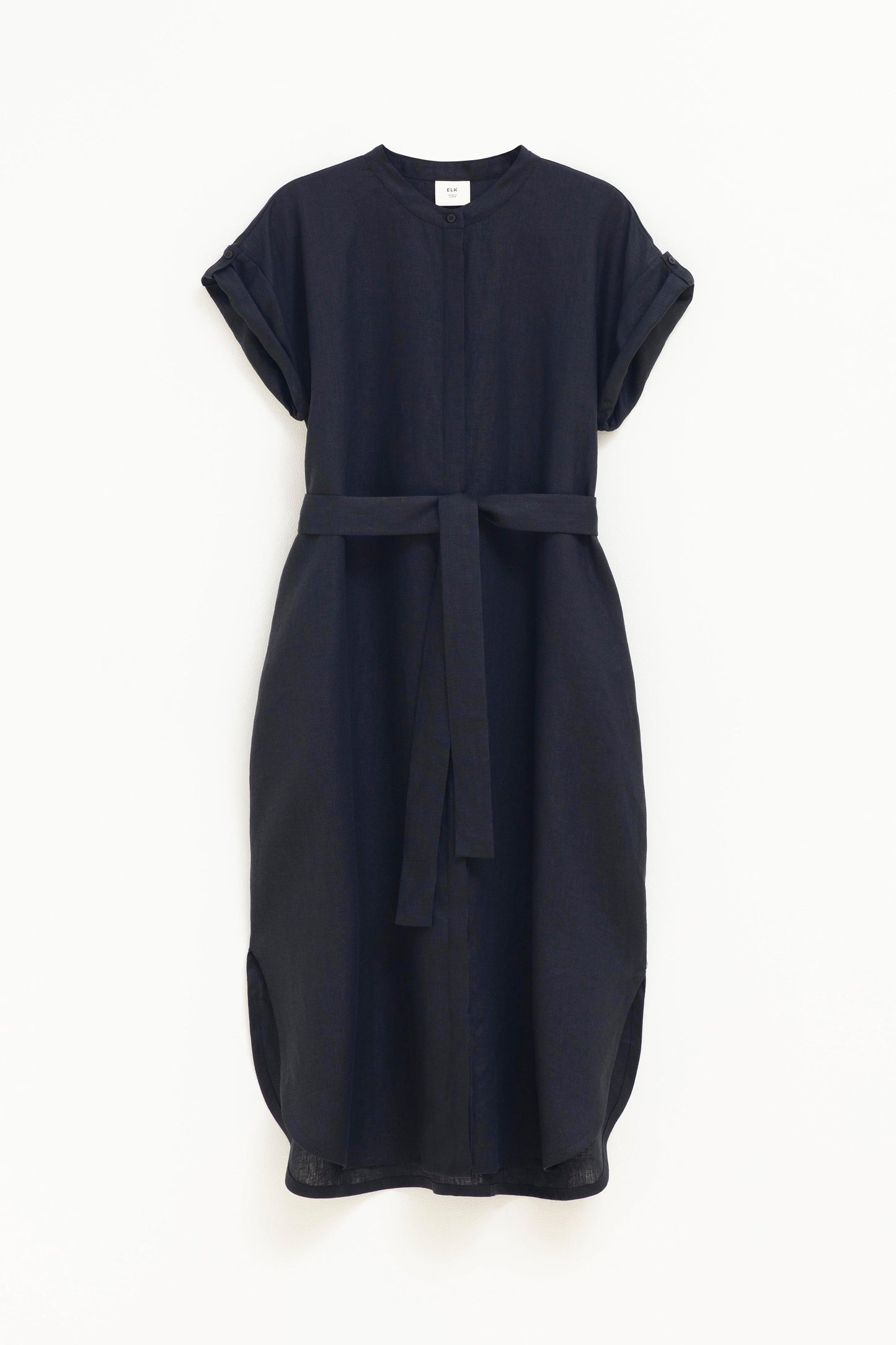 Neza Linen Collarless Shirt Dress front | BLACK