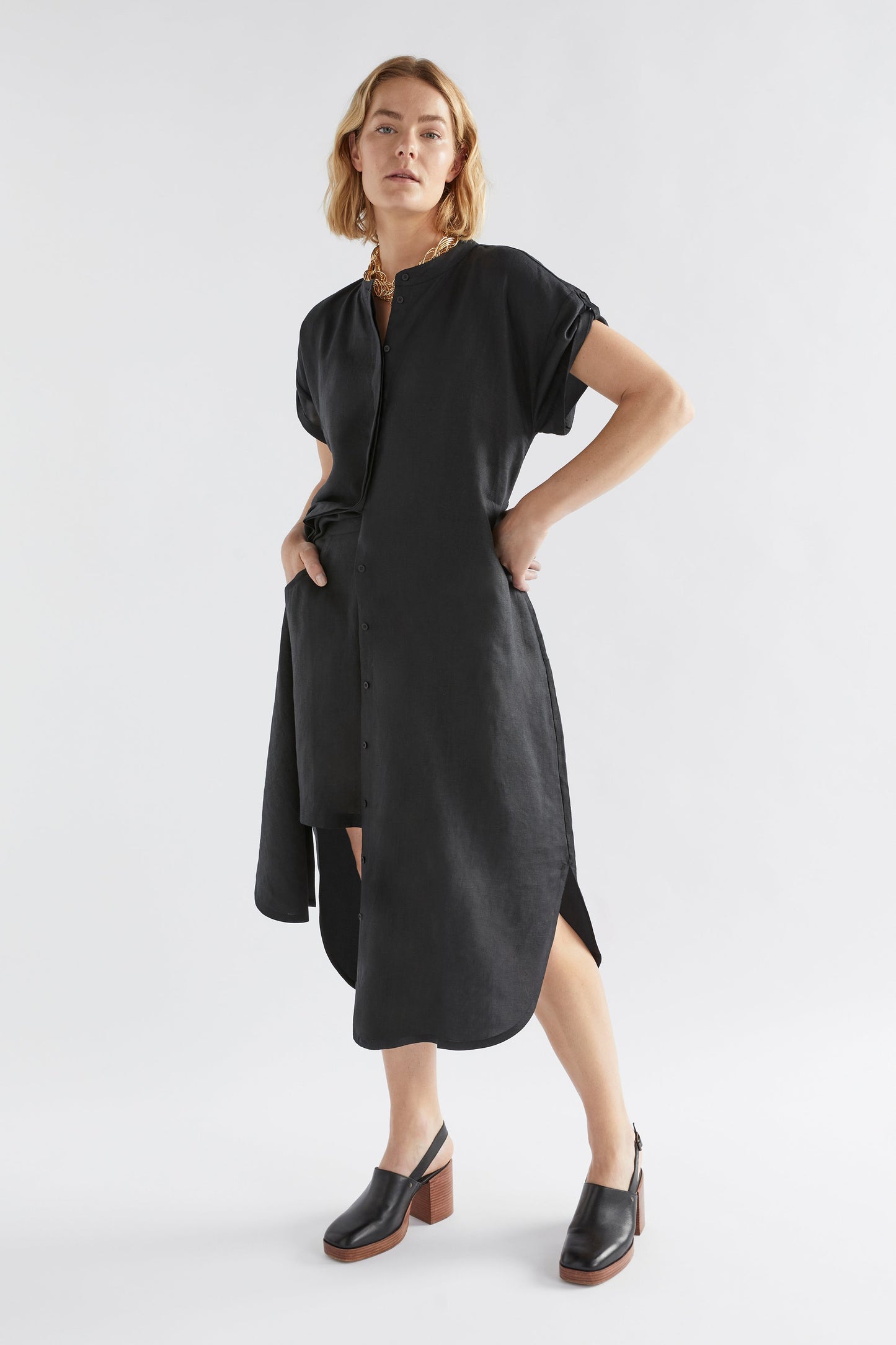Neza Linen Collarless Shirt Dress model front with Strom Short | BLACK