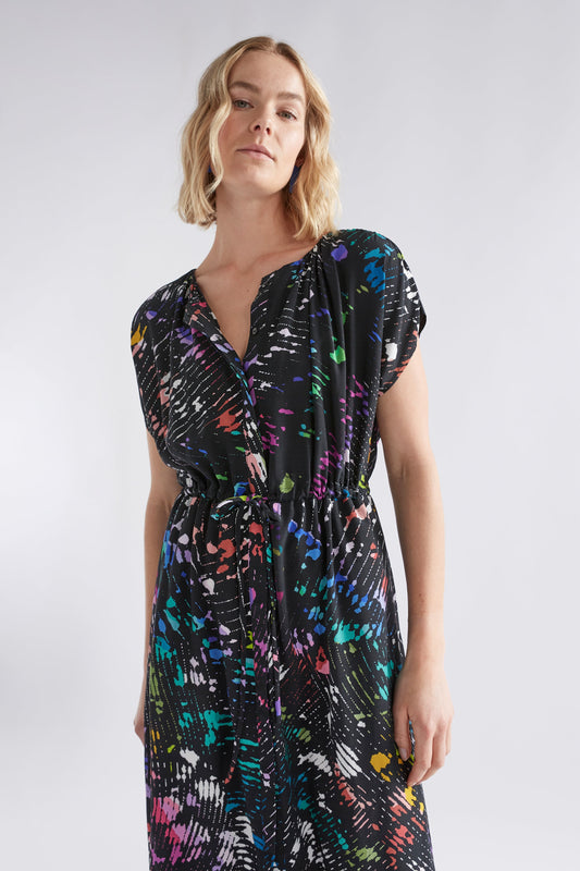 Kash Long Print Collarless Shirt Dress Model Angled Front detail | BUTTERFLY PRINT