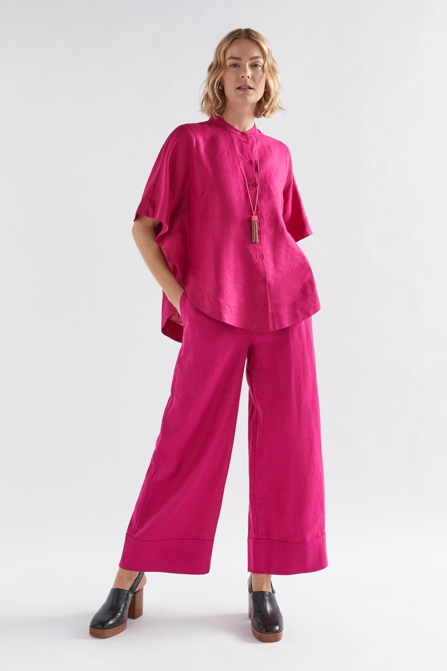 Anneli Light Wide Leg Linen Pant Model Front with Elev Shirt | BRIGHT PINK