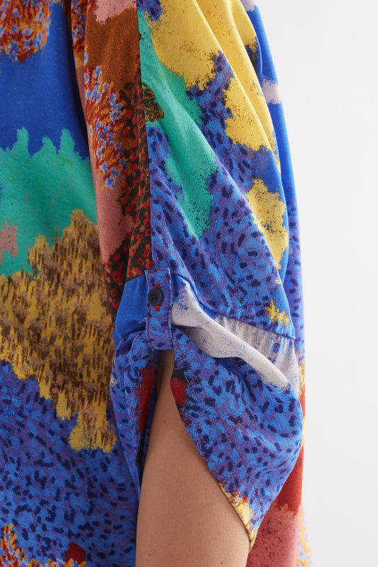 Pej Statement Print Silky Gathered 3/4 Sleeve Top Model Side Detail | TAROT PRINT