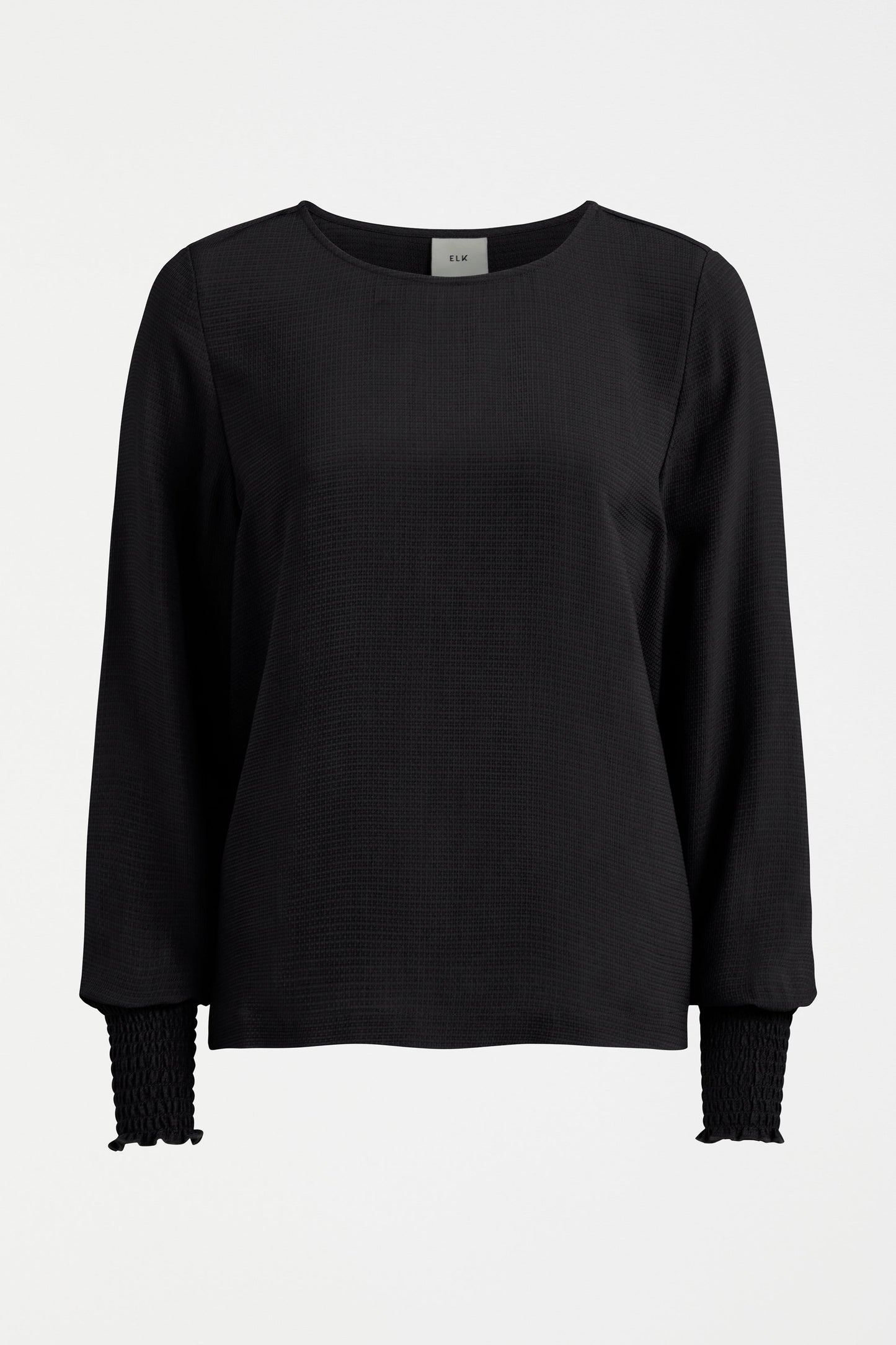 Veda Round Neck Shirred Cuff Long Sleeve Top Front | BLACK