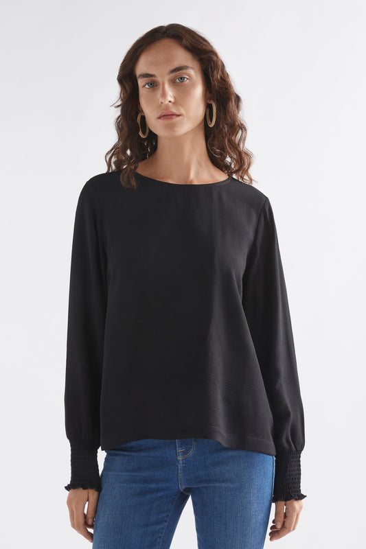 Veda Round Neck Shirred Cuff Long Sleeve Top Model Front | BLACK