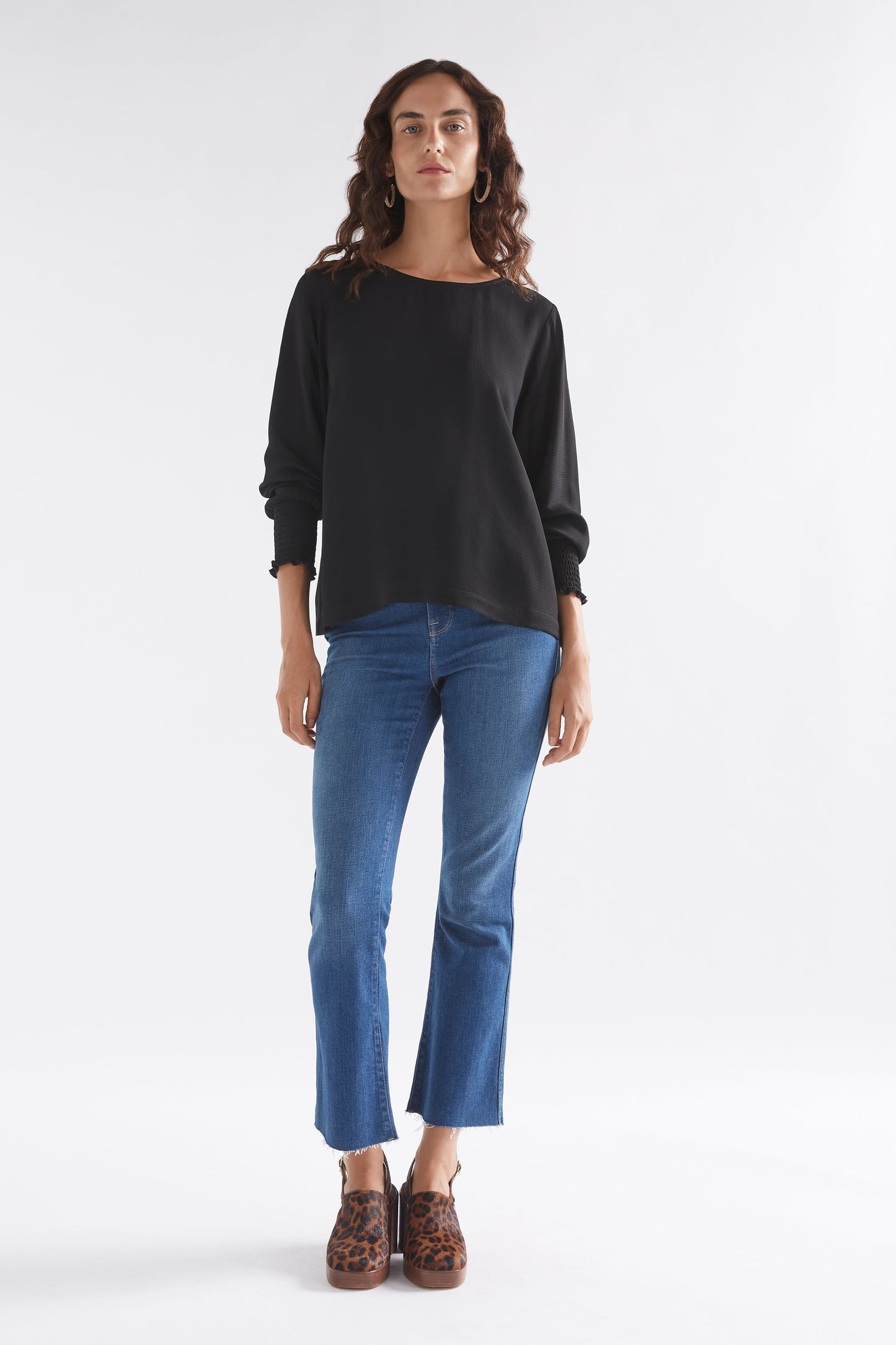 Veda Round Neck Shirred Cuff Long Sleeve Top Model Full Body | BLACK