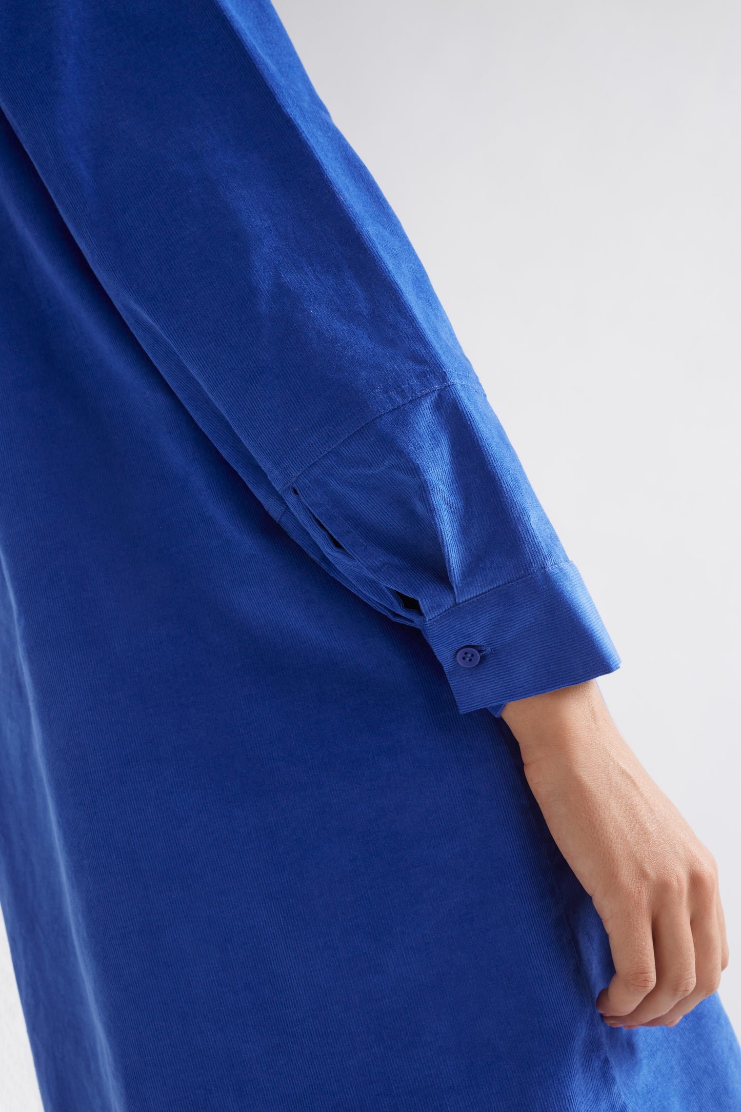 Luja Organic Cotton Long Sleeve Short Corduroy Dress Model Cuff Detail | ULTRAMARINE