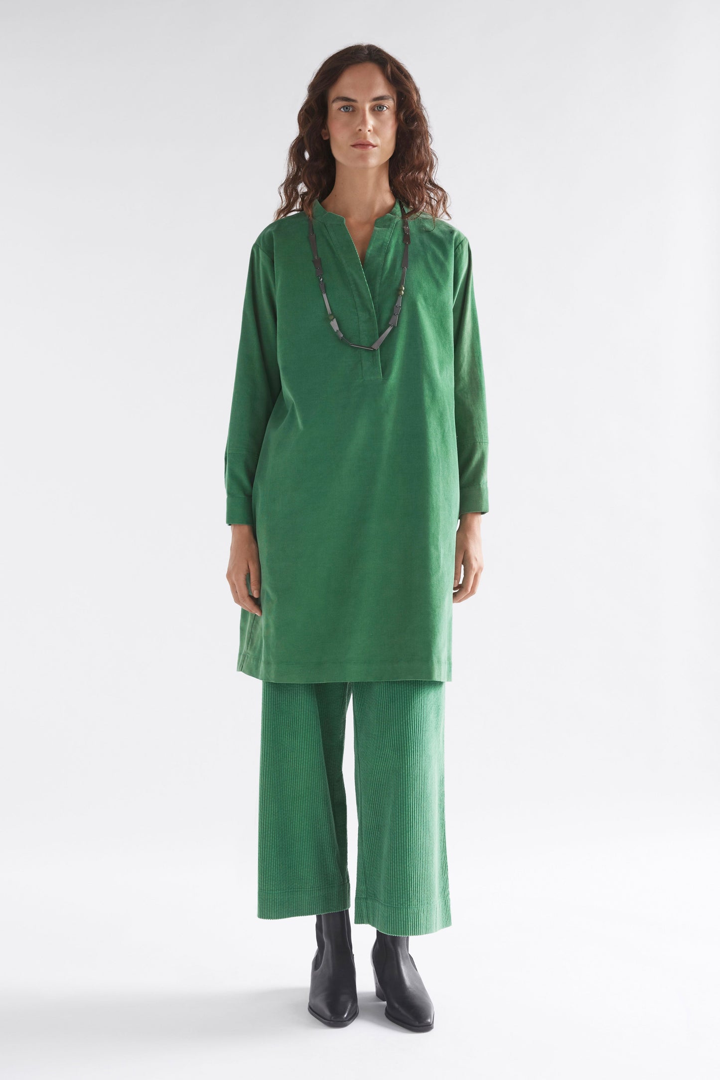 Luja Organic Cotton Long Sleeve Short Corduroy Dress Model Front | SEA GREEN 