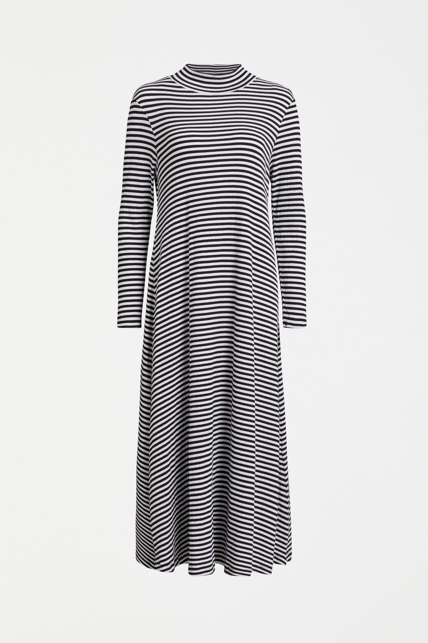 Klarr Organic Cotton A-line Long Sleeve Midi Turtle Neck Striped Jersey Dress Front | BLACK WHITE