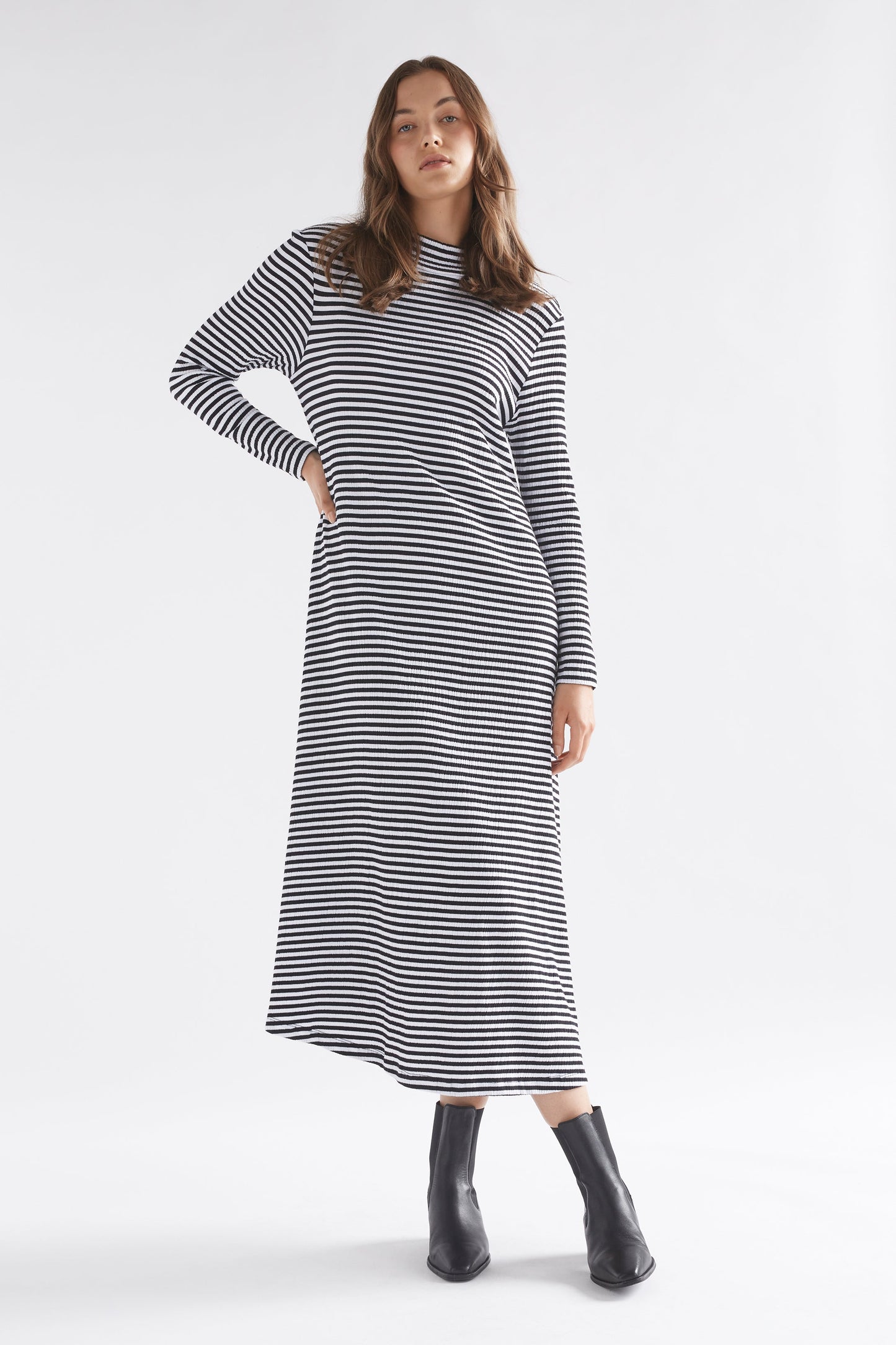 Klarr Organic Cotton A-line Long Sleeve Midi Turtle Neck Striped Jersey Dress Model Front | BLACK WHITE