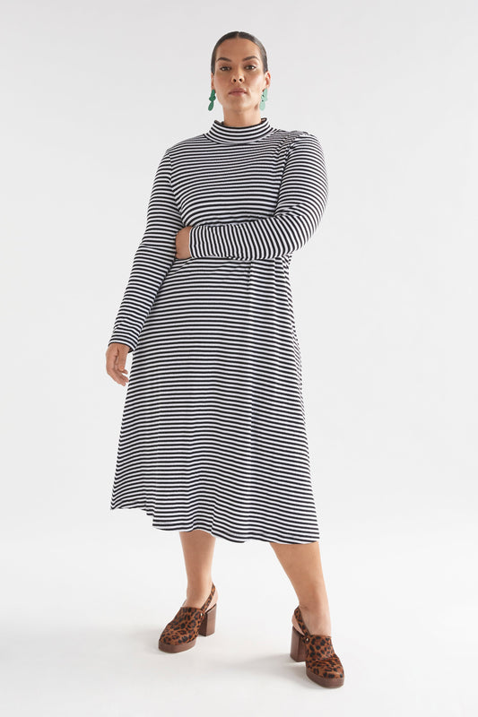 Klarr Organic Cotton A-line Long Sleeve Midi Turtle Neck Striped Jersey Dress Model Front Curve | BLACK WHITE