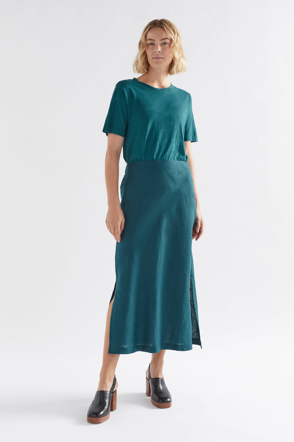 Jaana Organic Cotton and Hemp Jersey Crew Neck Tshirt Model Front Tucked Full Body | TEAL BLUE