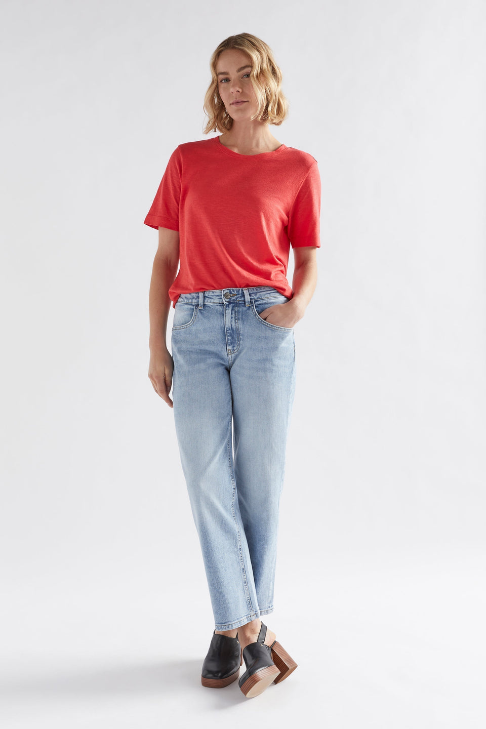 Jaana Organic Cotton and Hemp Jersey Crew Neck Tshirt Model Front Tucked full body | CORAL