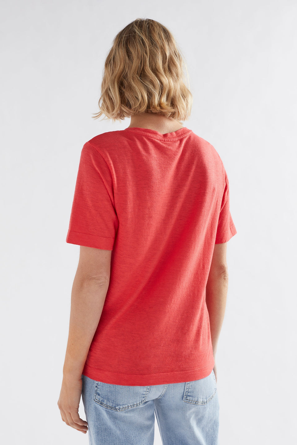 Jaana Organic Cotton and Hemp Jersey Crew Neck Tshirt Model Back | CORAL
