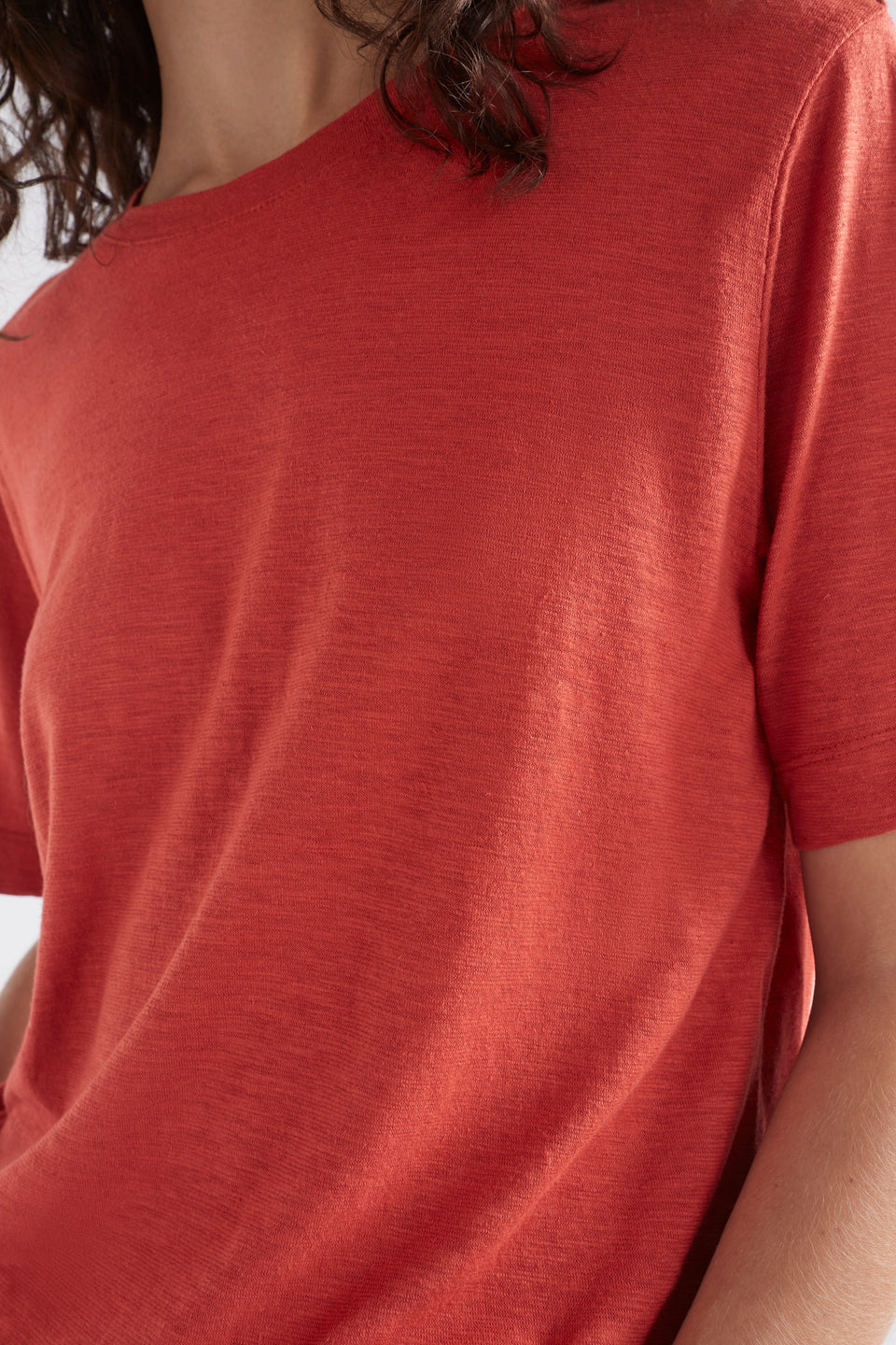 Jaana Organic Cotton and Hemp Jersey Crew Neck Tshirt Model Front Detail | SANGRIA